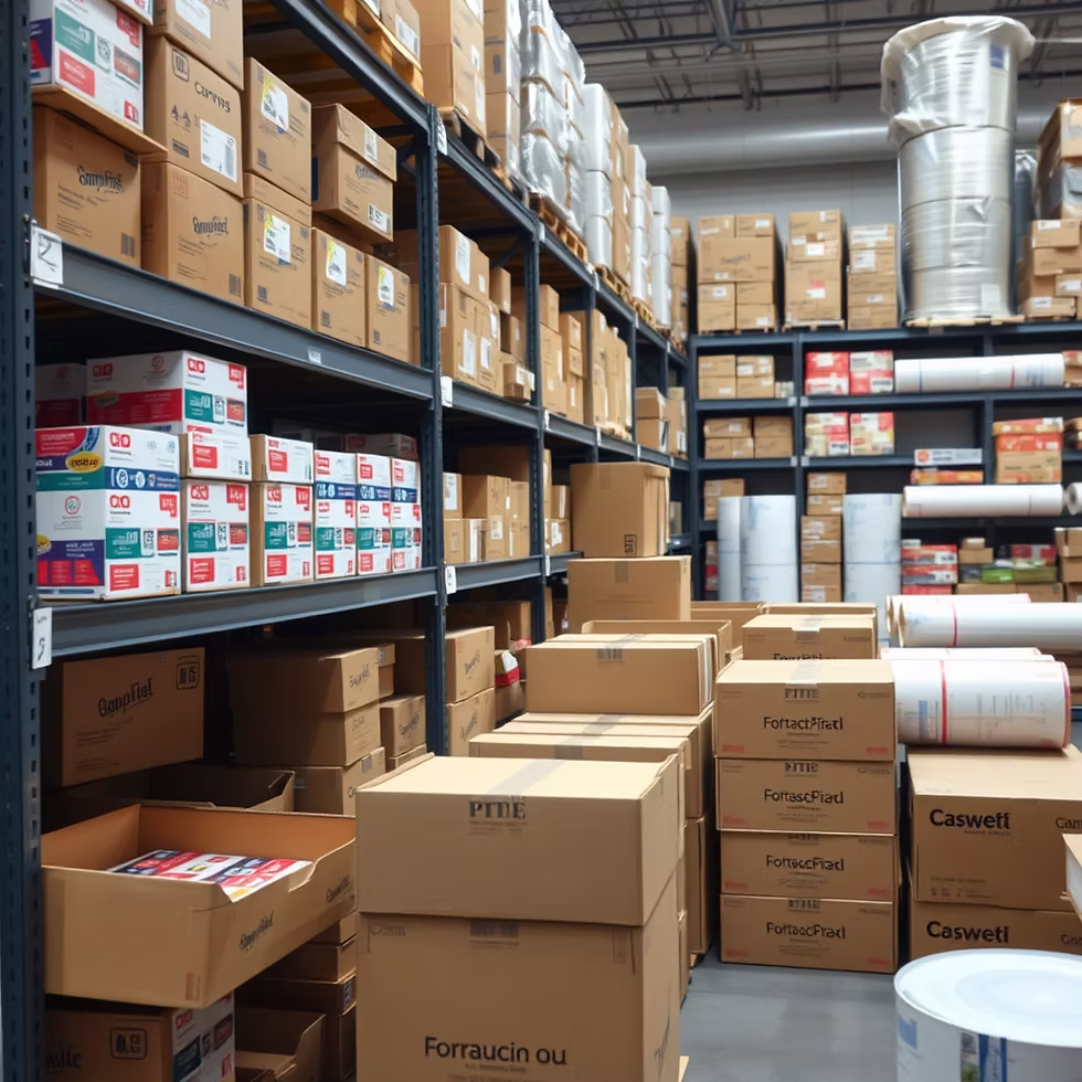 Boxes stacked on warehouse shelves.