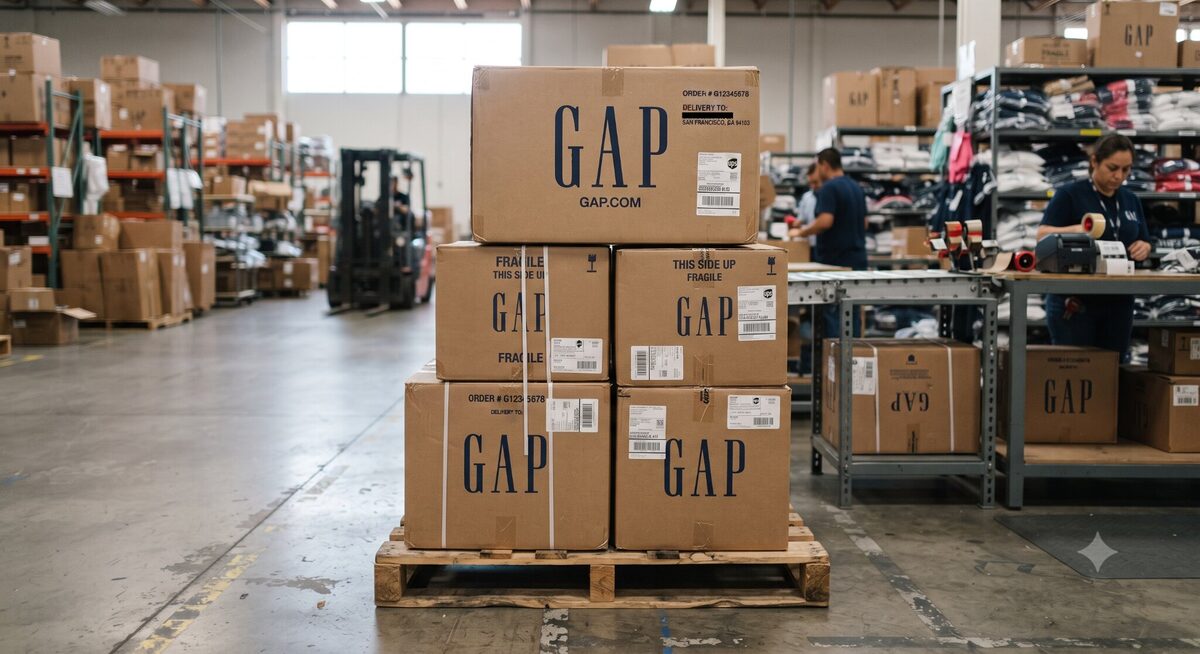 Stacked cardboard boxes on a pallet inside a distribution warehouse.