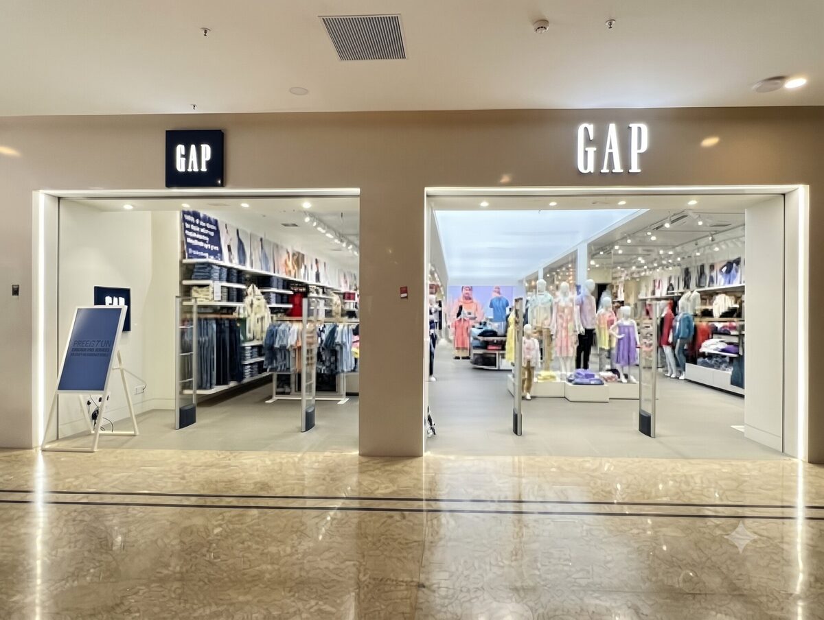 The exterior of a Gap retail store inside a shopping mall.