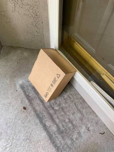 A cardboard package left on a doorstep in front of a glass door.