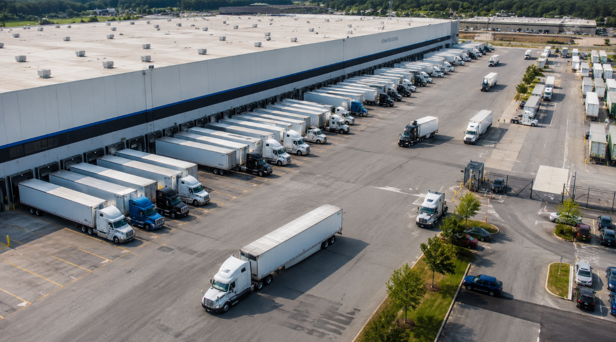 Trucks lined up at a distribution warehouse.